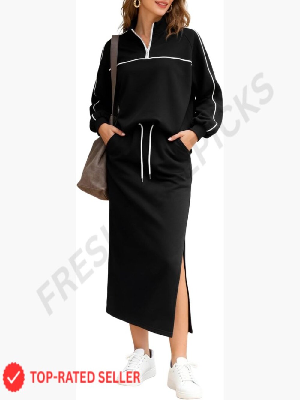 Two Piece Skirt Set Lounge Wear Casual Midi Dress Half Zip Sweatshirt Pockets
